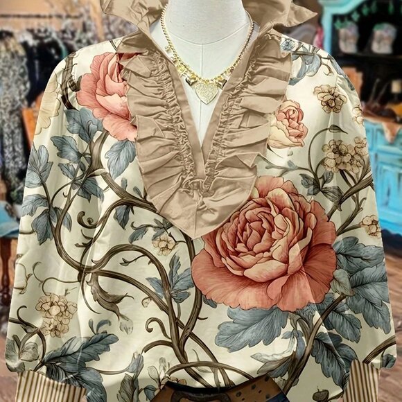 Multicolor Boho Women's Floral Print Ruffle V-Neck Striped Sleeve Top - Picture 2 of 3